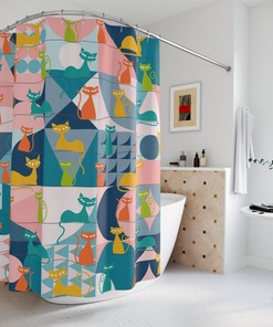 Retro Kitsch Mid Century Modern Atomic Cats Shower Curtain with Geometric Design for a Vibrant Bath Dcor 