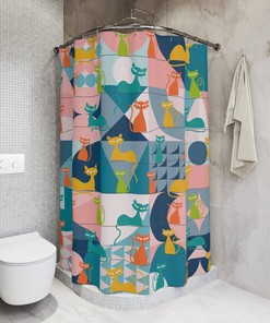Retro Kitsch Mid Century Modern Atomic Cats Shower Curtain with Geometric Design for a Vibrant Bath Dcor