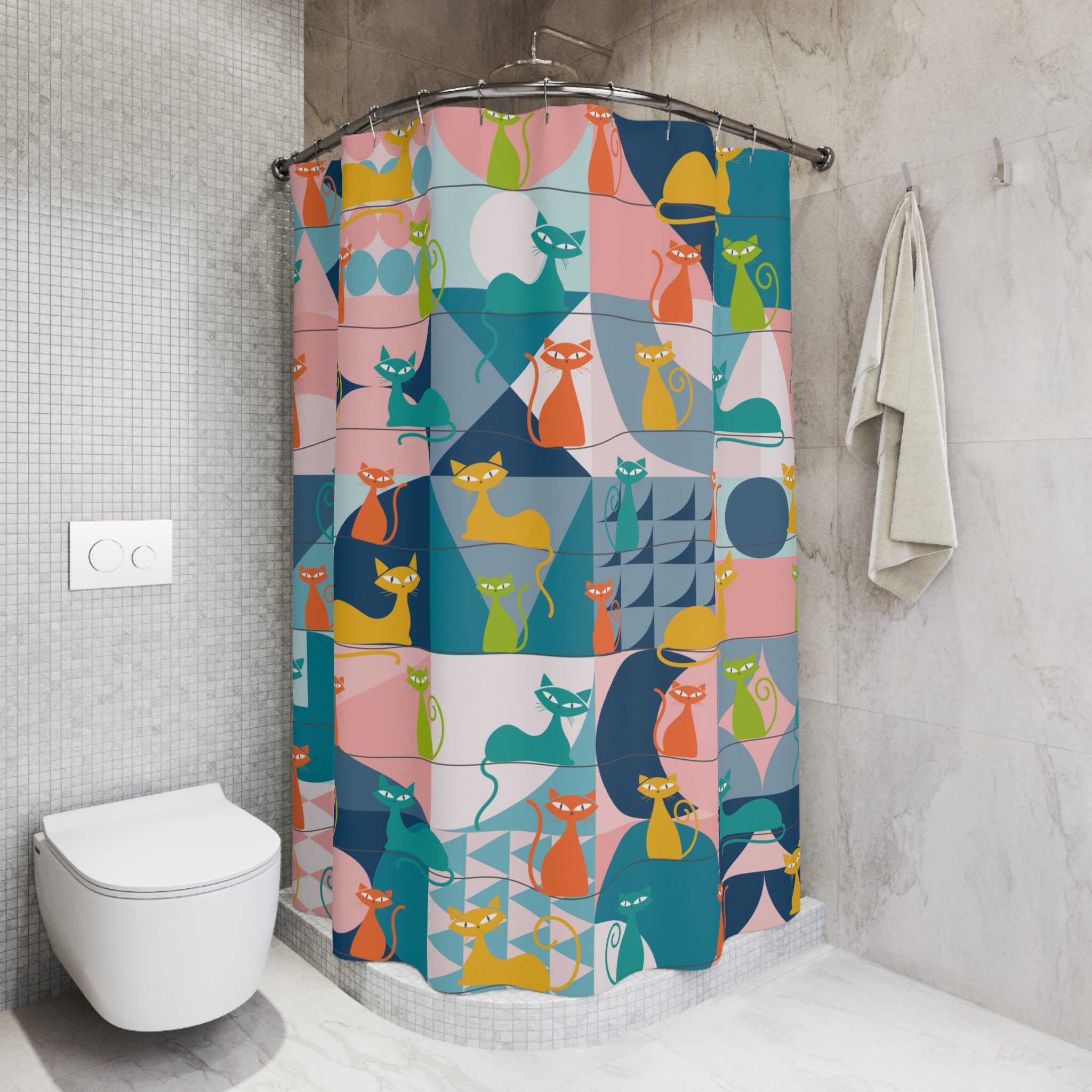 Retro Kitsch Mid Century Modern Atomic Cats Shower Curtain with Geometric Design for a Vibrant Bath Dcor