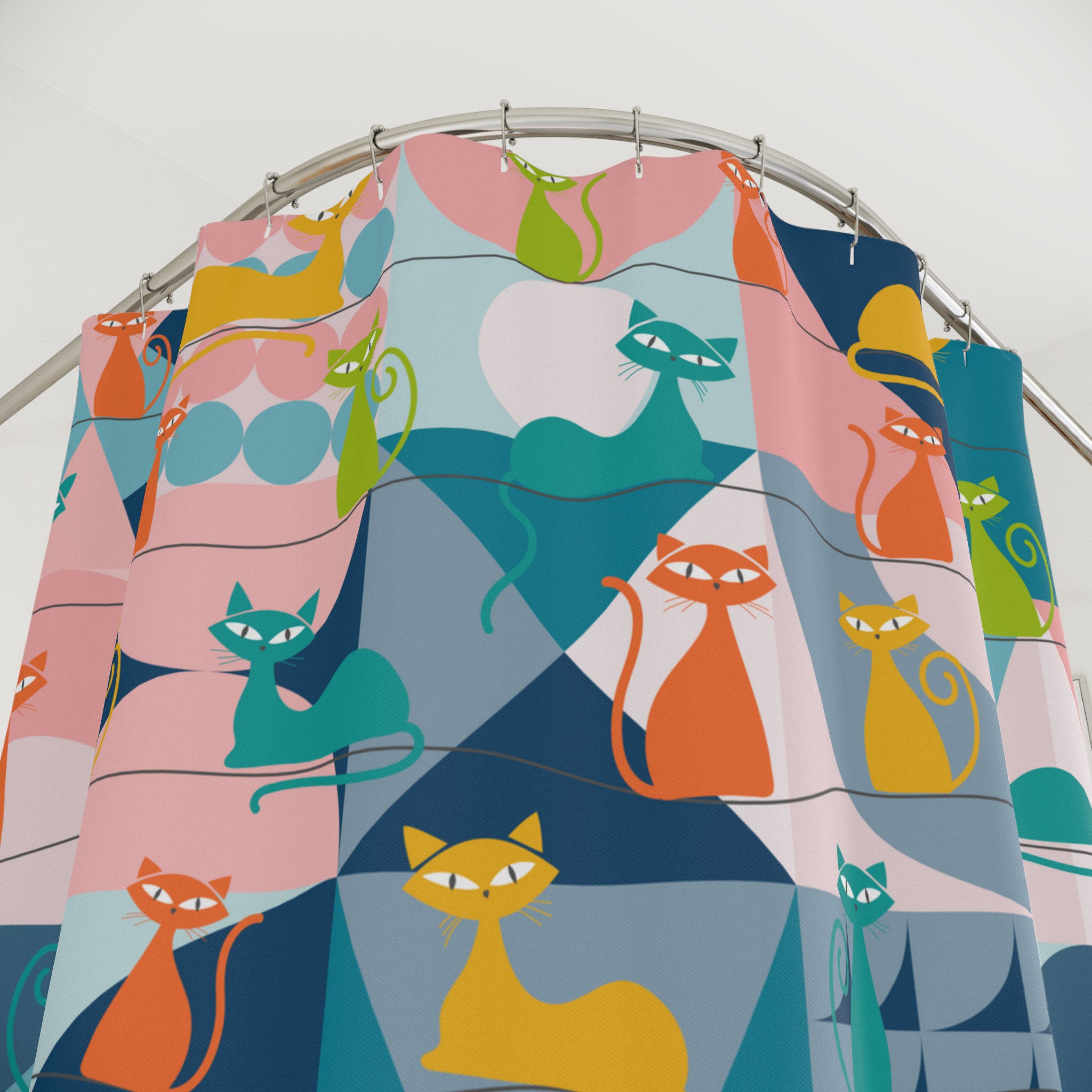 Retro Kitsch Mid Century Modern Atomic Cats Shower Curtain with Geometric Design for a Vibrant Bath Dcor