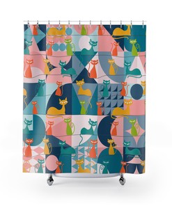 Retro Kitsch Mid Century Modern Atomic Cats Shower Curtain with Geometric Design for a Vibrant Bath Dcor