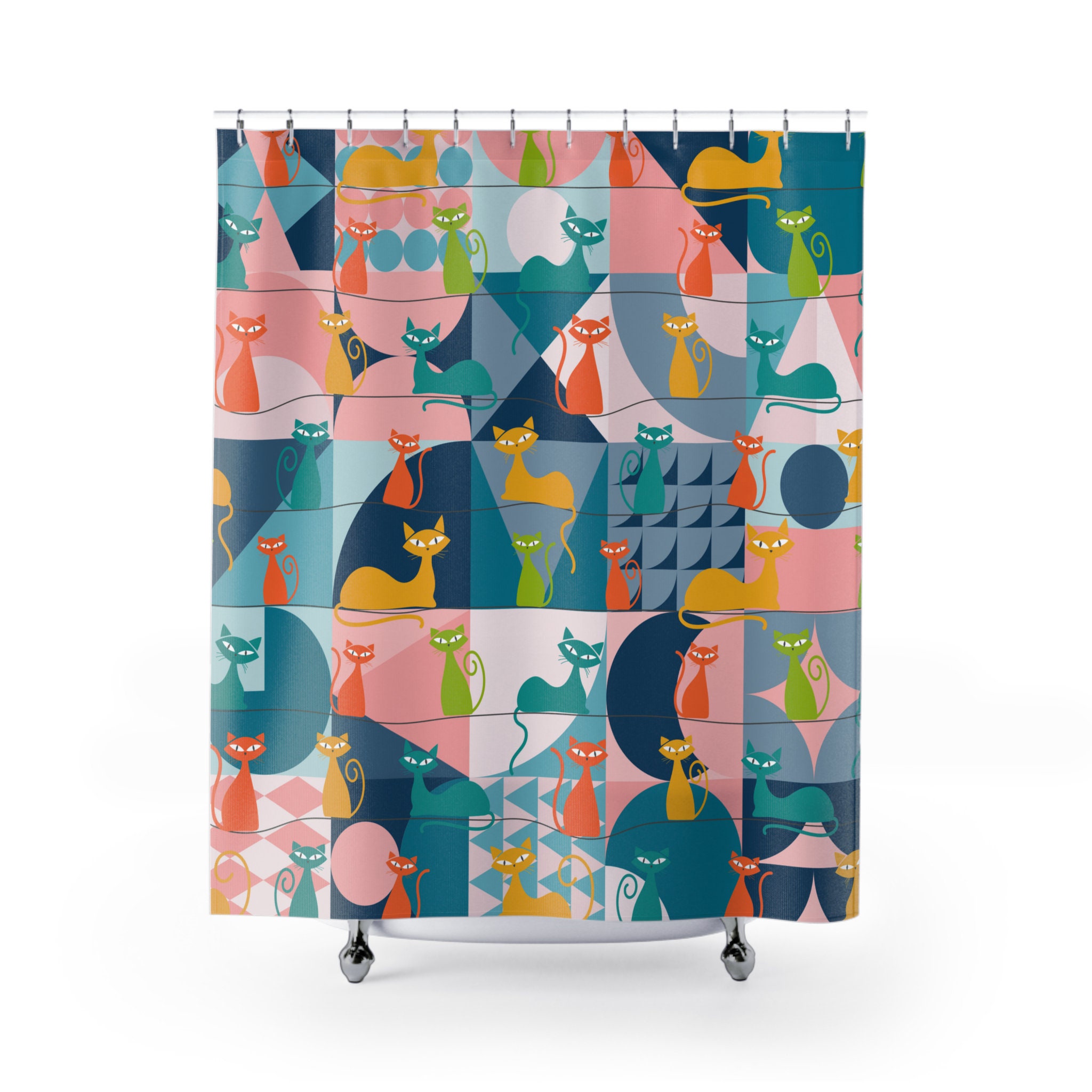 Retro Kitsch Mid Century Modern Atomic Cats Shower Curtain with Geometric Design for a Vibrant Bath Dcor