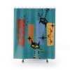 Retro Kitschy Teal Mid Century Modern Atomic Cat Shower Curtain with Geometric Design for a Bold Bathroom Look 