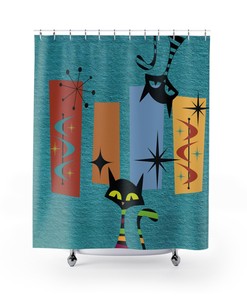 Retro Kitschy Teal Mid Century Modern Atomic Cat Shower Curtain with Geometric Design for a Bold Bathroom Look 