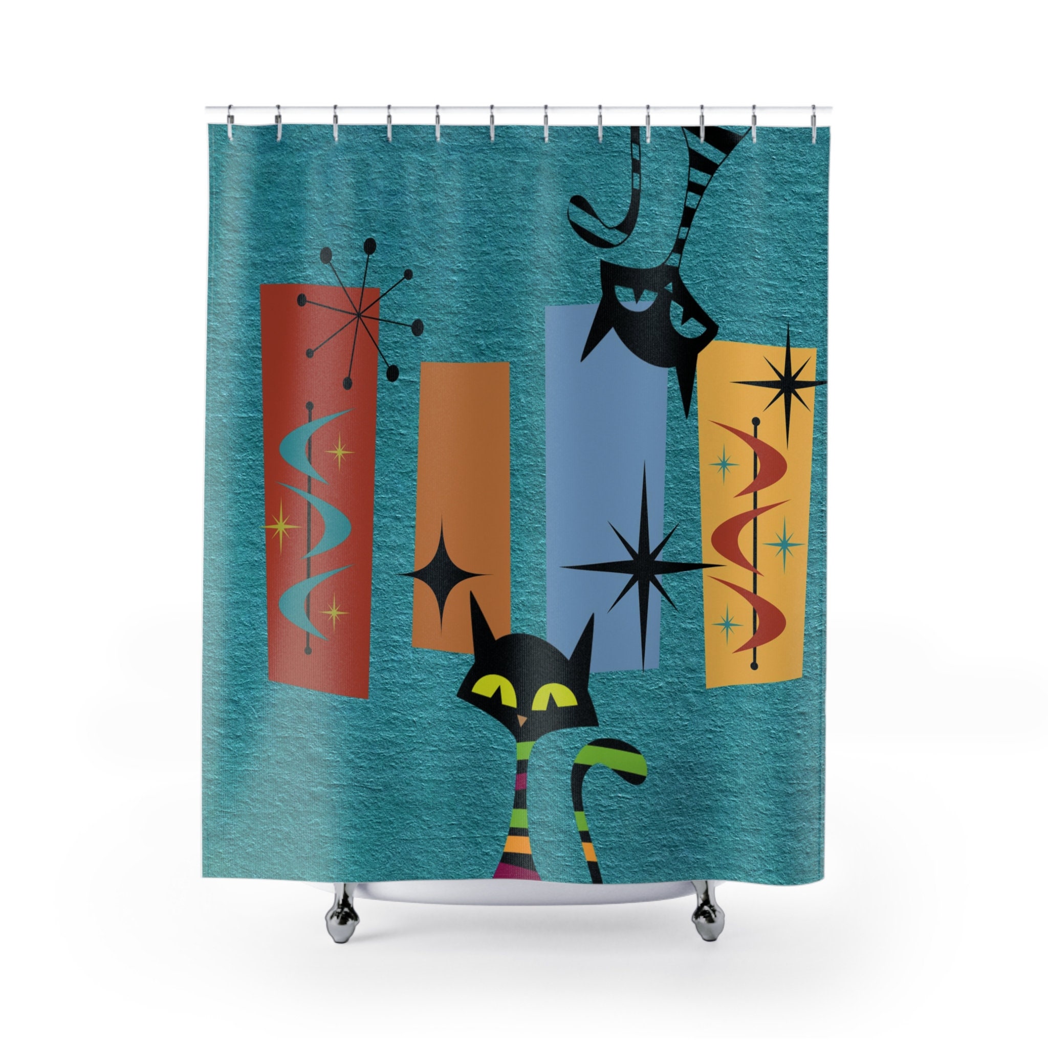 Retro Kitschy Teal Mid Century Modern Atomic Cat Shower Curtain with Geometric Design for a Bold Bathroom Look
