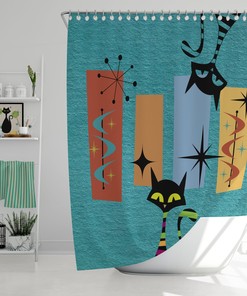 Retro Kitschy Teal Mid Century Modern Atomic Cat Shower Curtain with Geometric Design for a Bold Bathroom Look
