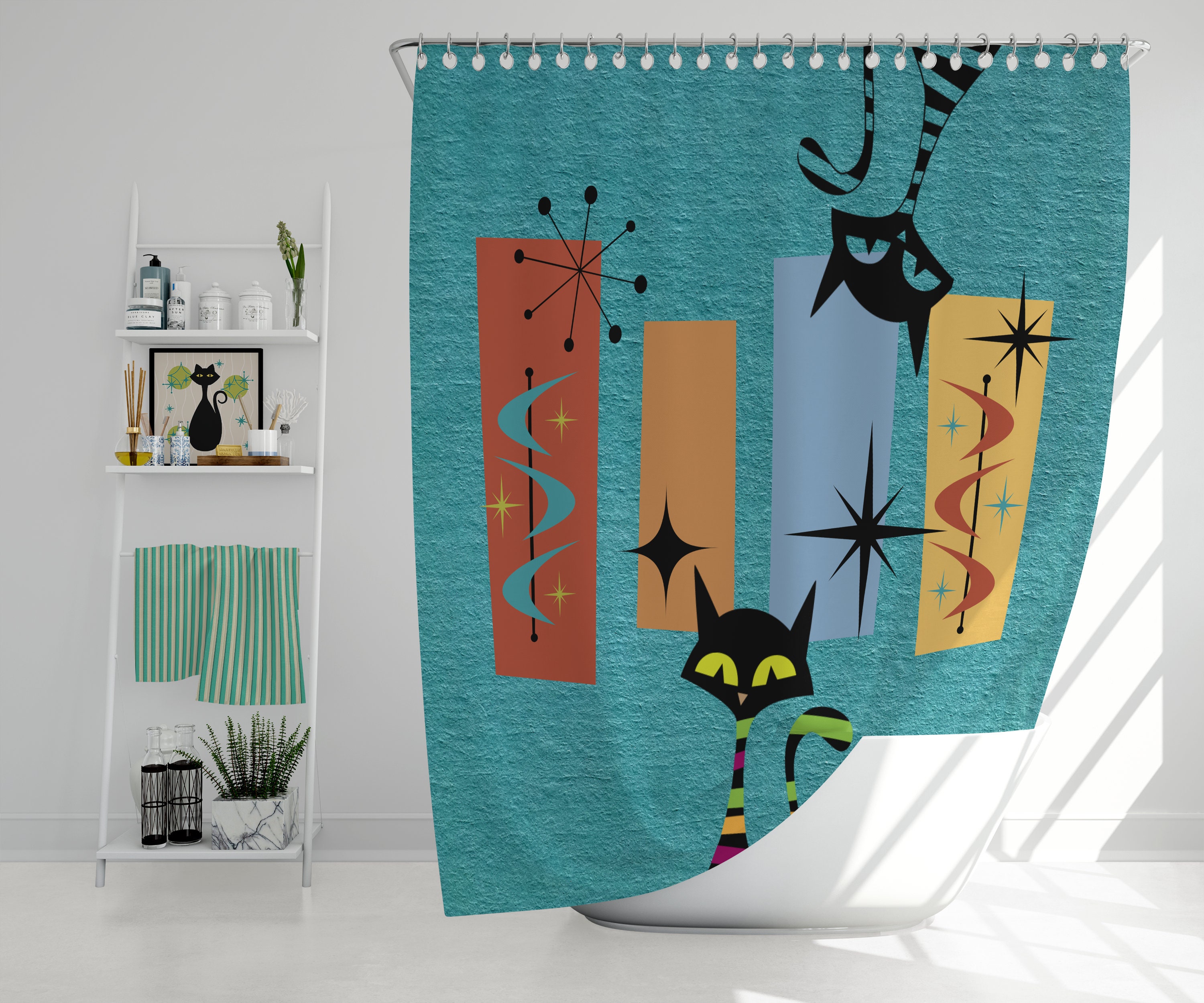 Retro Kitschy Teal Mid Century Modern Atomic Cat Shower Curtain with Geometric Design for a Bold Bathroom Look