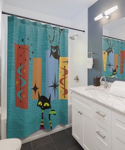 Retro Kitschy Teal Mid Century Modern Atomic Cat Shower Curtain with Geometric Design for a Bold Bathroom Look