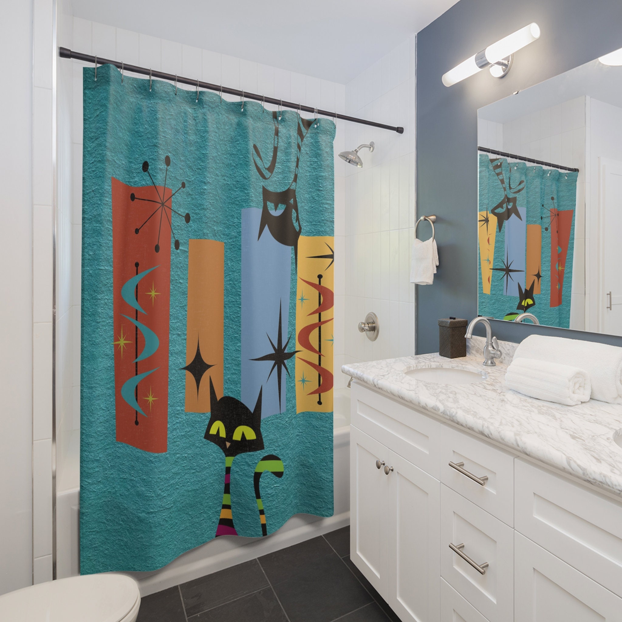 Retro Kitschy Teal Mid Century Modern Atomic Cat Shower Curtain with Geometric Design for a Bold Bathroom Look