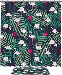 Retro Leaves and Flamingos Fun Bathroom Shower Curtain 