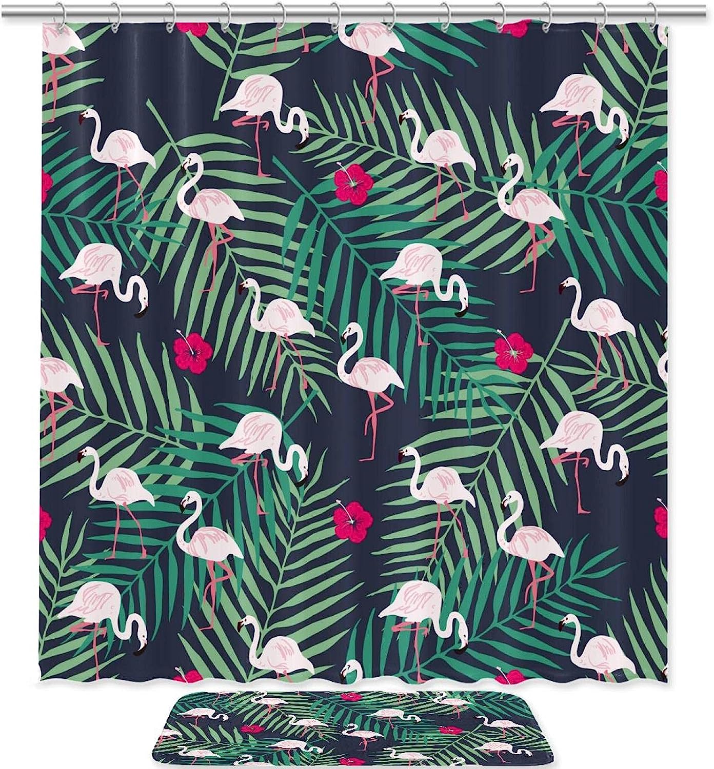 Retro Leaves and Flamingos Fun Bathroom Shower Curtain
