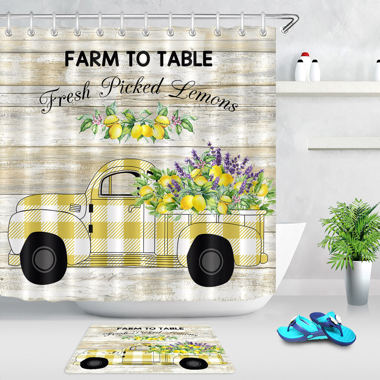 Retro Lemon Truck Shower Curtain, Vintage Bathroom Decor