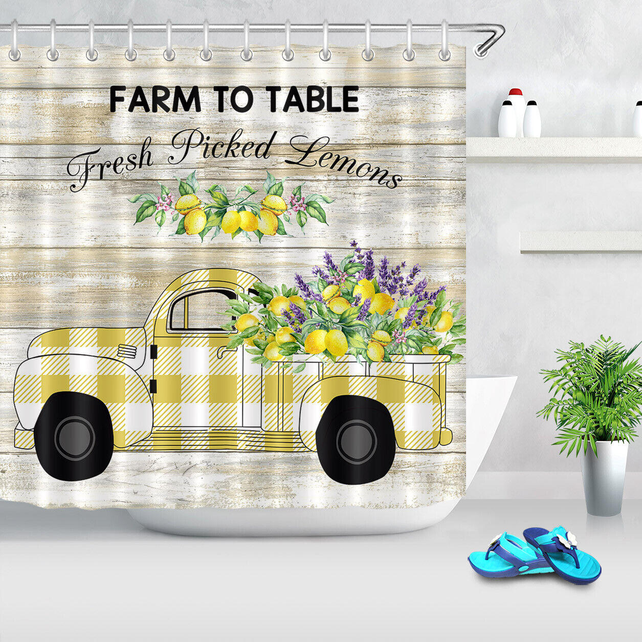 Retro Lemon Truck Shower Curtain, Vintage Bathroom Decor