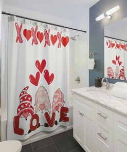 Retro Love Bath Curtain With Boho Gnome Valentine Shower Curtain And Red Hearts For Cute Kids Bathroom