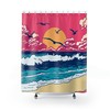 Retro Marine Background Shower Curtain with Ocean Coast, Sunset and Seagulls 