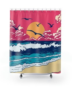 Retro Marine Background Shower Curtain with Ocean Coast, Sunset and Seagulls 