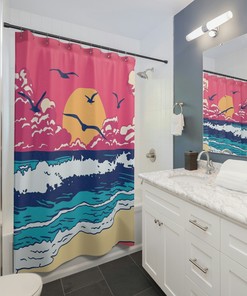 Retro Marine Background Shower Curtain with Ocean Coast, Sunset and Seagulls
