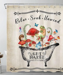Retro Mushroom and Botanical Shower Curtain - Funny Frog and Butterfly Bathroom Decor