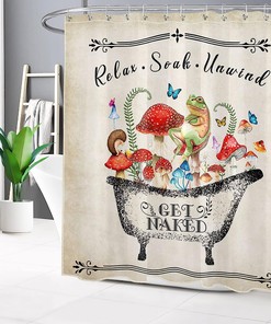 Retro Mushroom and Botanical Shower Curtain - Funny Frog and Butterfly Bathroom Decor