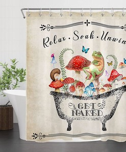 Retro Mushroom and Botanical Shower Curtain - Funny Frog and Butterfly Bathroom Decor