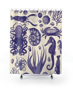 Retro Nautical Navy Blue Octopus Fabric Shower Curtain - Boho Coastal Bathroom Decor with Colorful Crustacean Core 