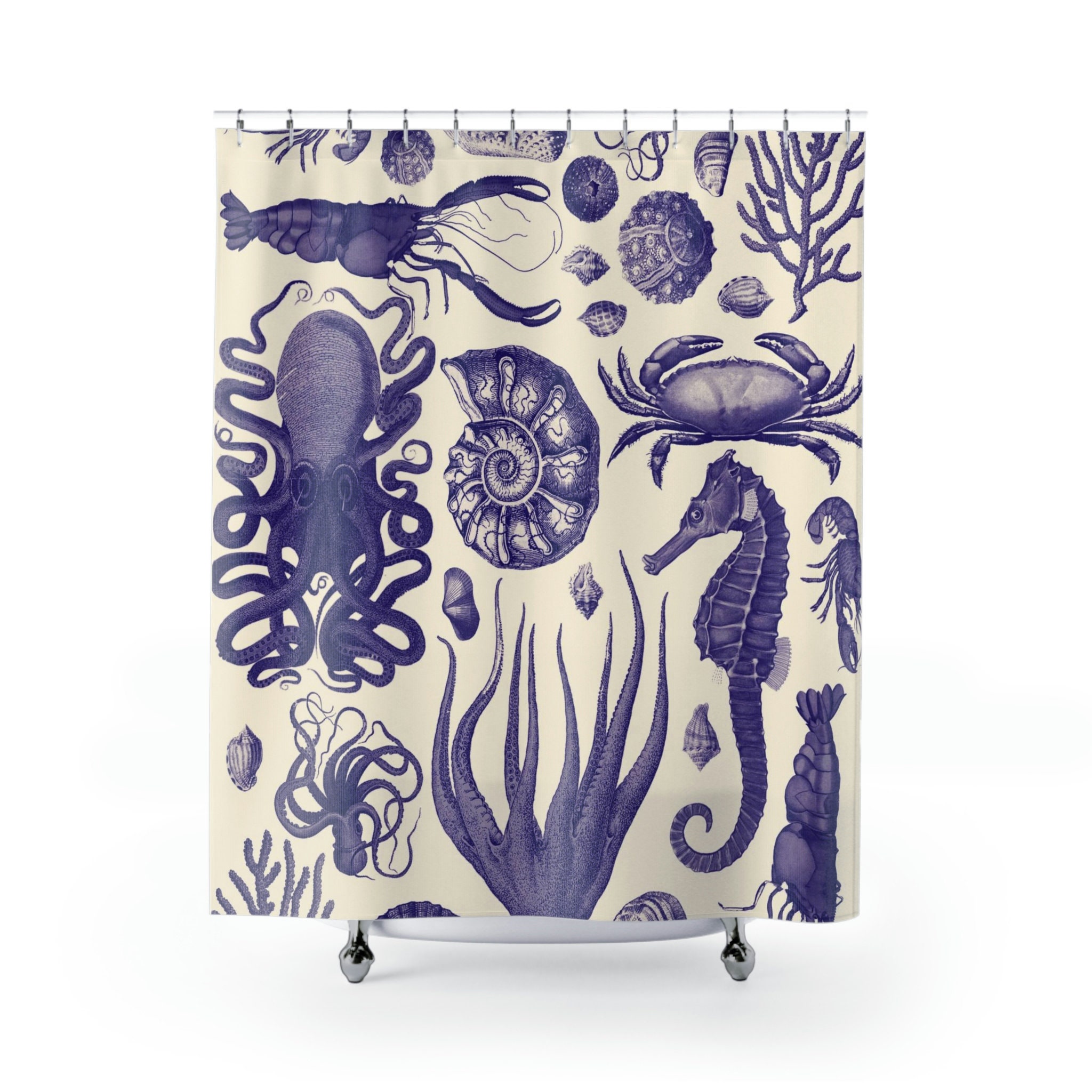 Retro Nautical Navy Blue Octopus Fabric Shower Curtain - Boho Coastal Bathroom Decor with Colorful Crustacean Core