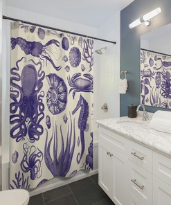 Retro Nautical Navy Blue Octopus Fabric Shower Curtain - Boho Coastal Bathroom Decor with Colorful Crustacean Core
