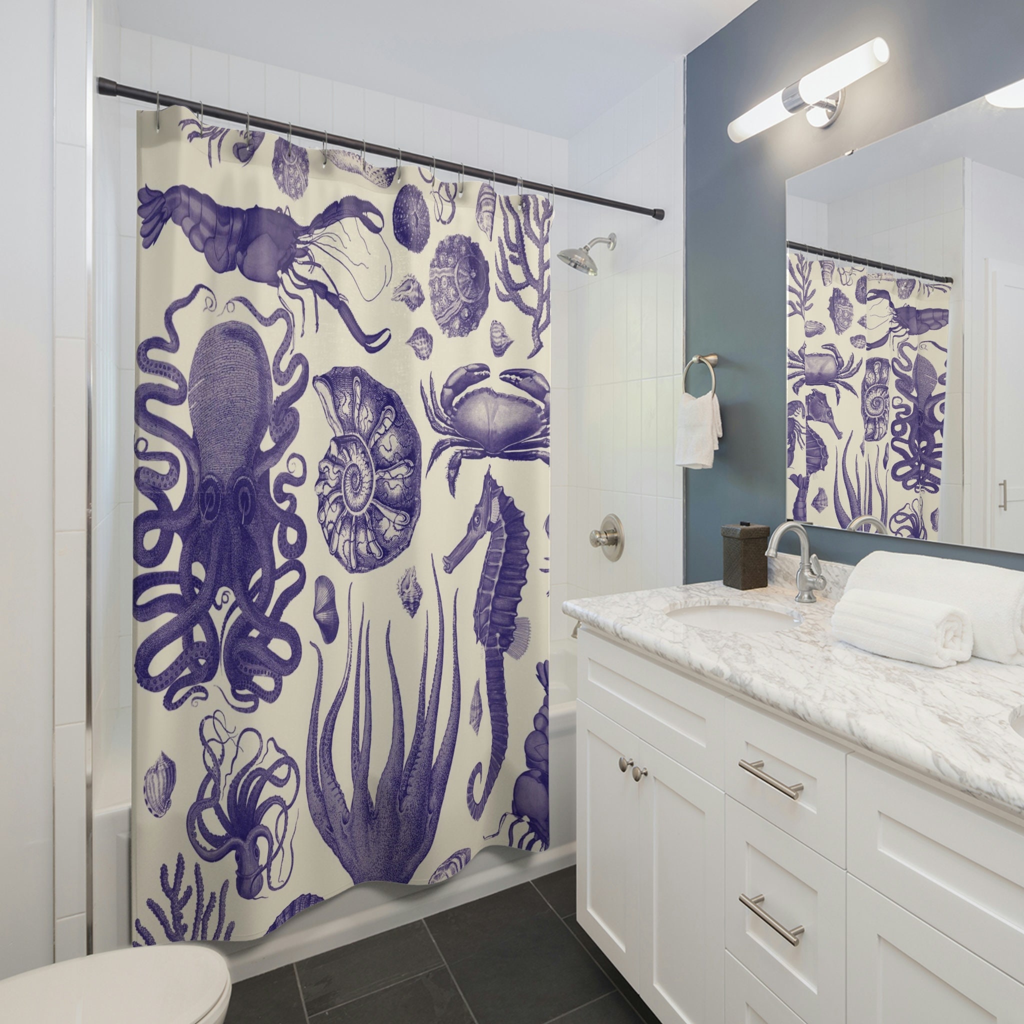 Retro Nautical Navy Blue Octopus Fabric Shower Curtain - Boho Coastal Bathroom Decor with Colorful Crustacean Core