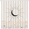 Retro Neutral Contemporary Art Shower Curtain with Abstract Sun Moon Lines for Mid Century Bathroom Decor 