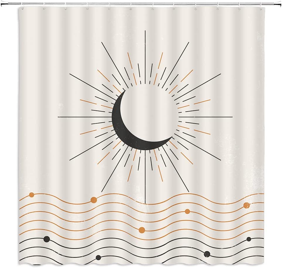 Retro Neutral Contemporary Art Shower Curtain with Abstract Sun Moon Lines for Mid Century Bathroom Decor