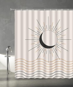 Retro Neutral Contemporary Art Shower Curtain with Abstract Sun Moon Lines for Mid Century Bathroom Decor