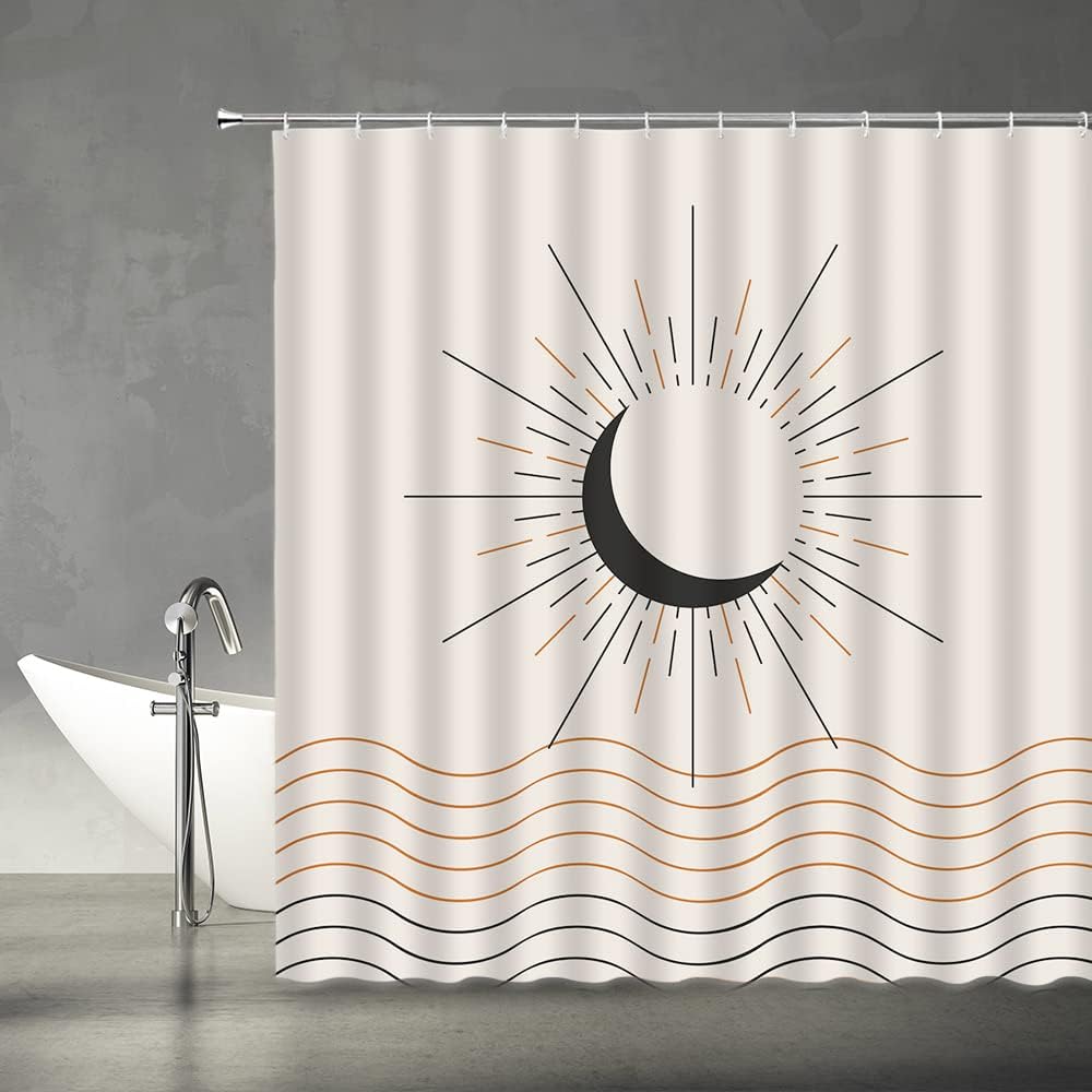 Retro Neutral Contemporary Art Shower Curtain with Abstract Sun Moon Lines for Mid Century Bathroom Decor