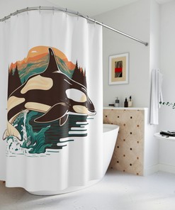 Retro Orca Whale Shower Curtain for Nautical Bathroom Decor 