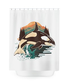 Retro Orca Whale Shower Curtain for Nautical Bathroom Decor