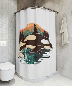 Retro Orca Whale Shower Curtain for Nautical Bathroom Decor 