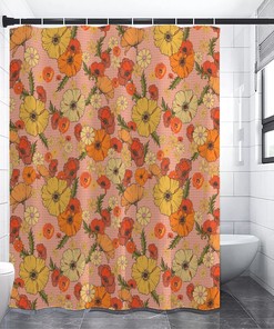 Retro Peach Poppy Flower Printed Shower Curtain - Colorful Bathroom Decor
