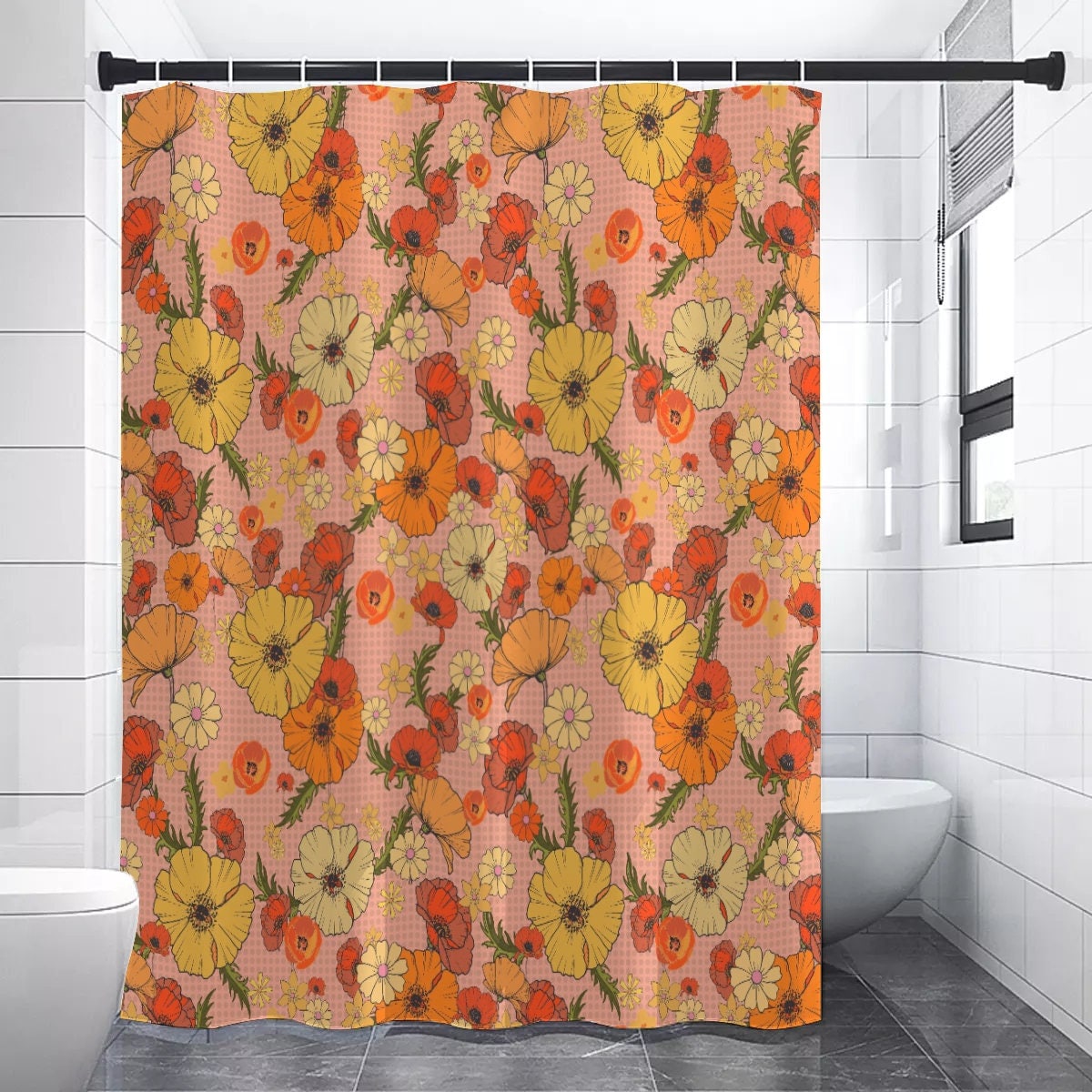 Retro Peach Poppy Flower Printed Shower Curtain - Colorful Bathroom Decor