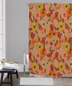 Retro Peach Poppy Flower Printed Shower Curtain - Colorful Bathroom Decor