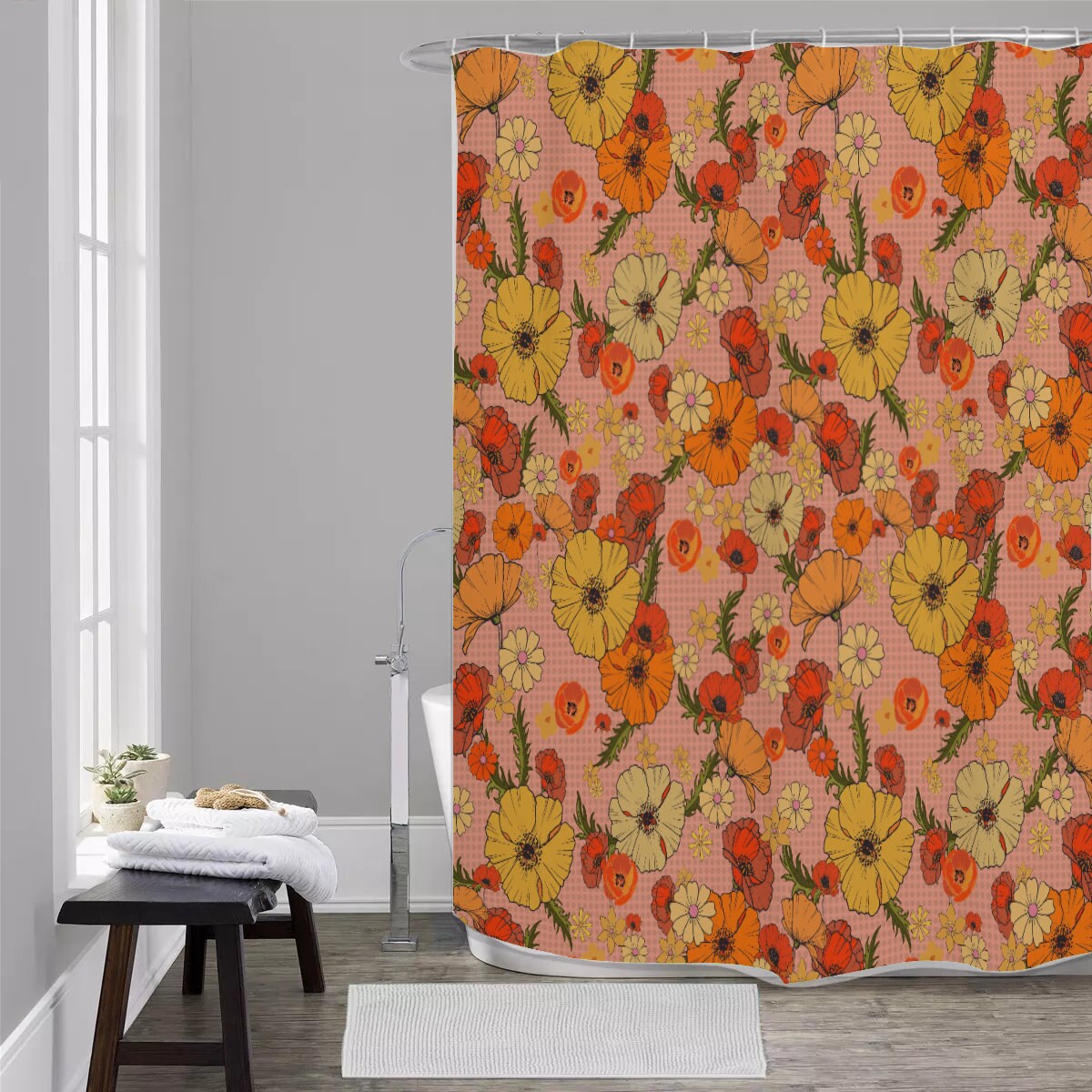 Retro Peach Poppy Flower Printed Shower Curtain - Colorful Bathroom Decor