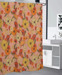 Retro Peach Poppy Flower Printed Shower Curtain - Colorful Bathroom Decor