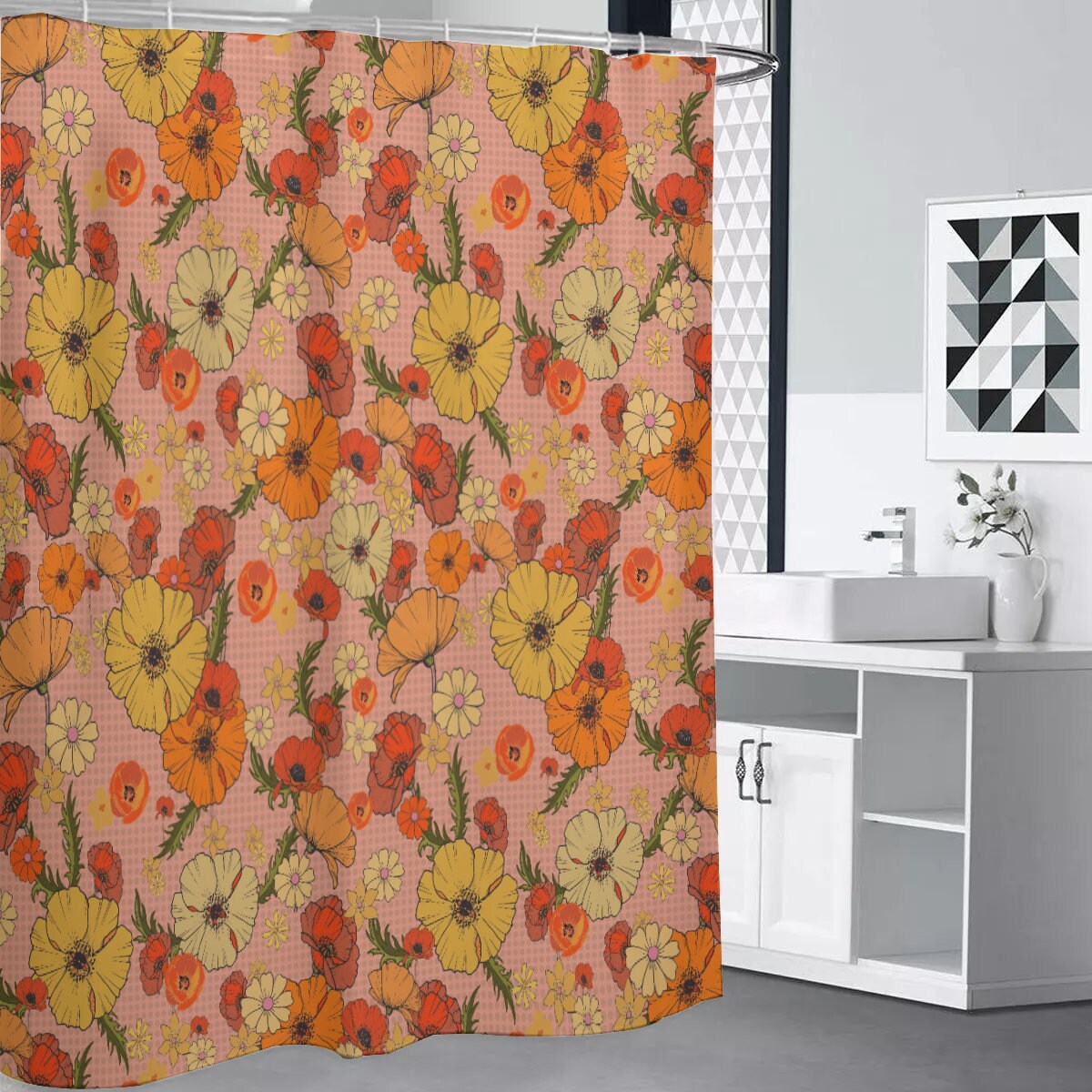 Retro Peach Poppy Flower Printed Shower Curtain - Colorful Bathroom Decor