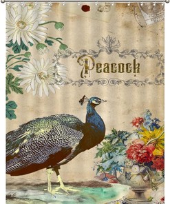 Retro Peacock Design Shower Curtain with Inspirational Quotes for Restroom
