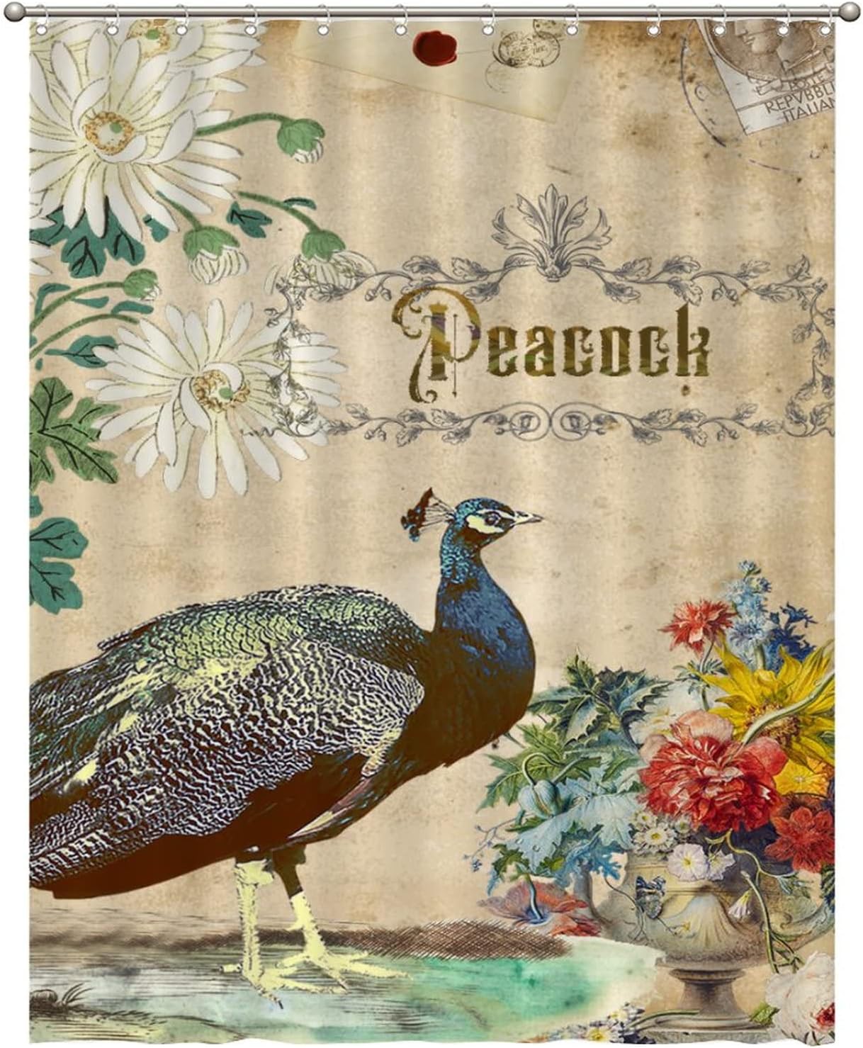 Retro Peacock Design Shower Curtain with Inspirational Quotes for Restroom