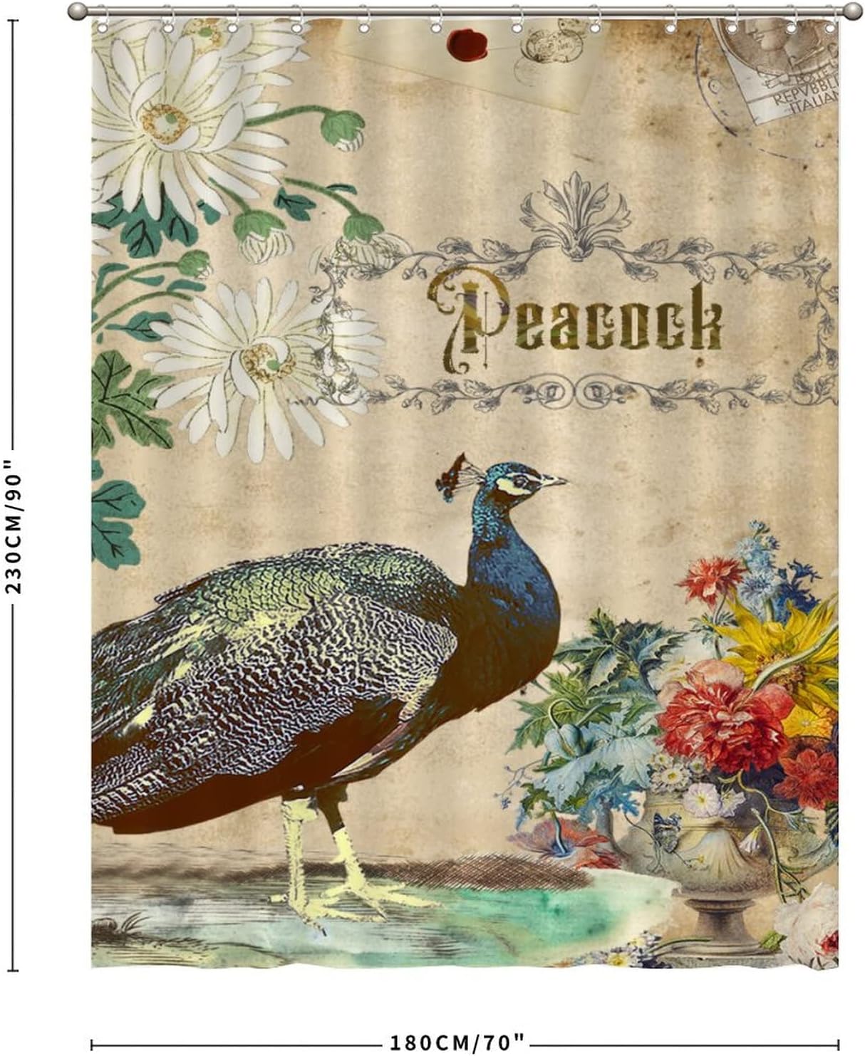 Retro Peacock Design Shower Curtain with Inspirational Quotes for Restroom