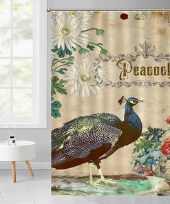 Retro Peacock Design Shower Curtain with Inspirational Quotes for Restroom