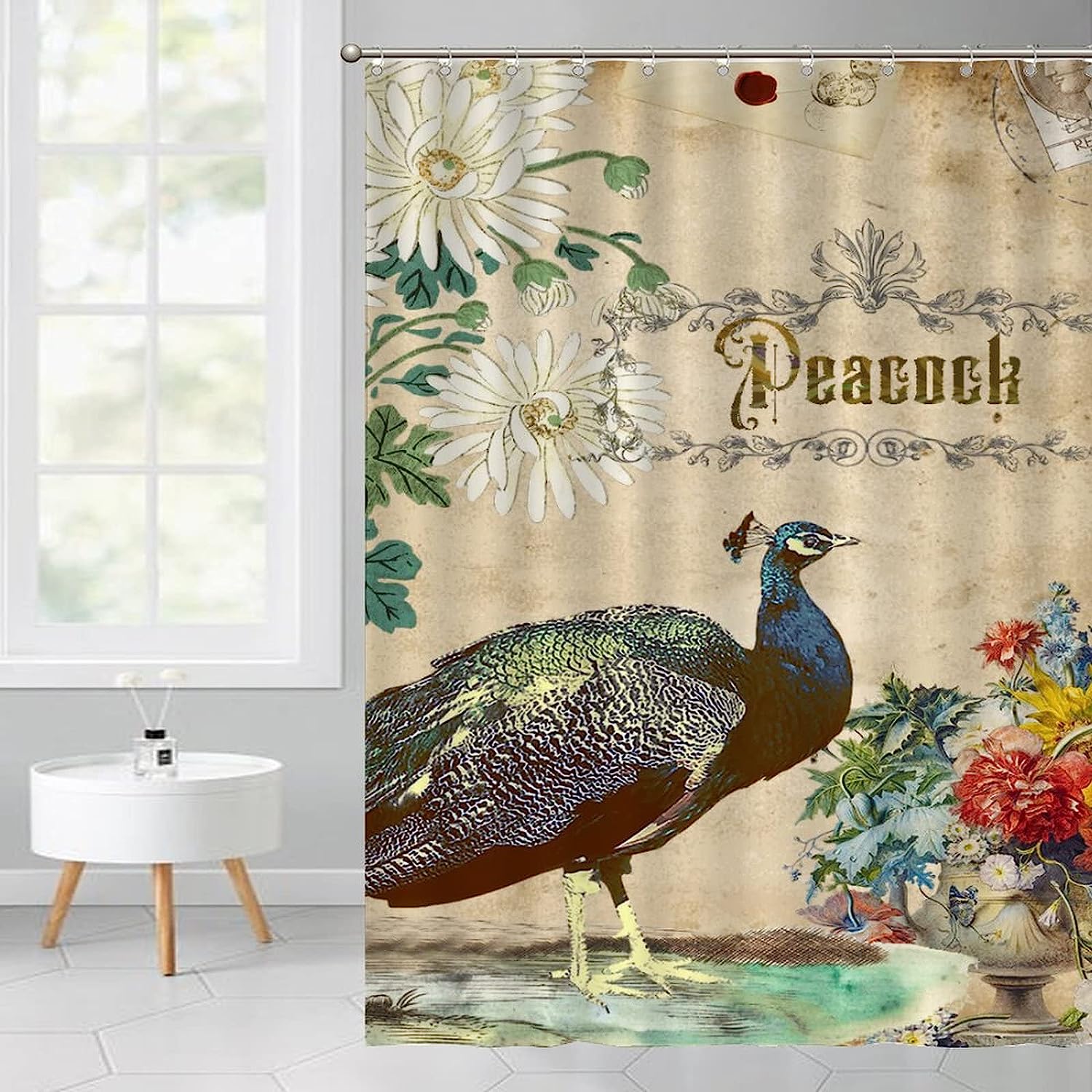 Retro Peacock Design Shower Curtain with Inspirational Quotes for Restroom
