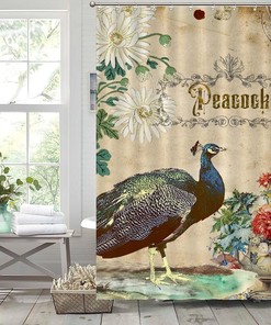 Retro Peacock Design Shower Curtain with Inspirational Quotes for Restroom