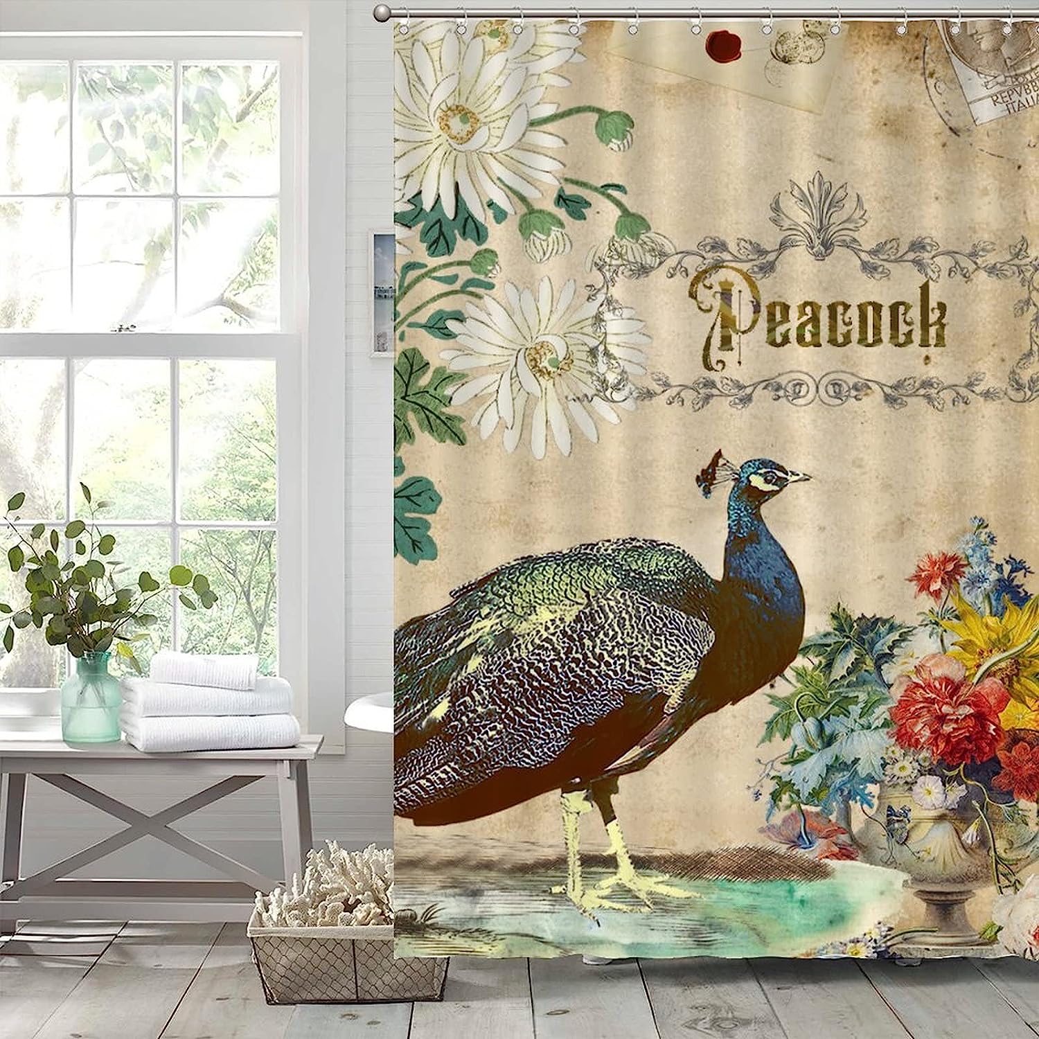 Retro Peacock Design Shower Curtain with Inspirational Quotes for Restroom