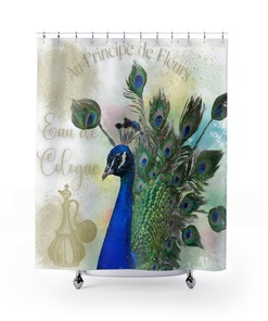 Retro Peacock Feather Print Shower Curtain, Shabby Chic Bathroom Decor