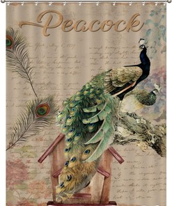 Retro Peacock Floral Shower Curtain with Letter Background - Waterproof Curtain for Bathroom